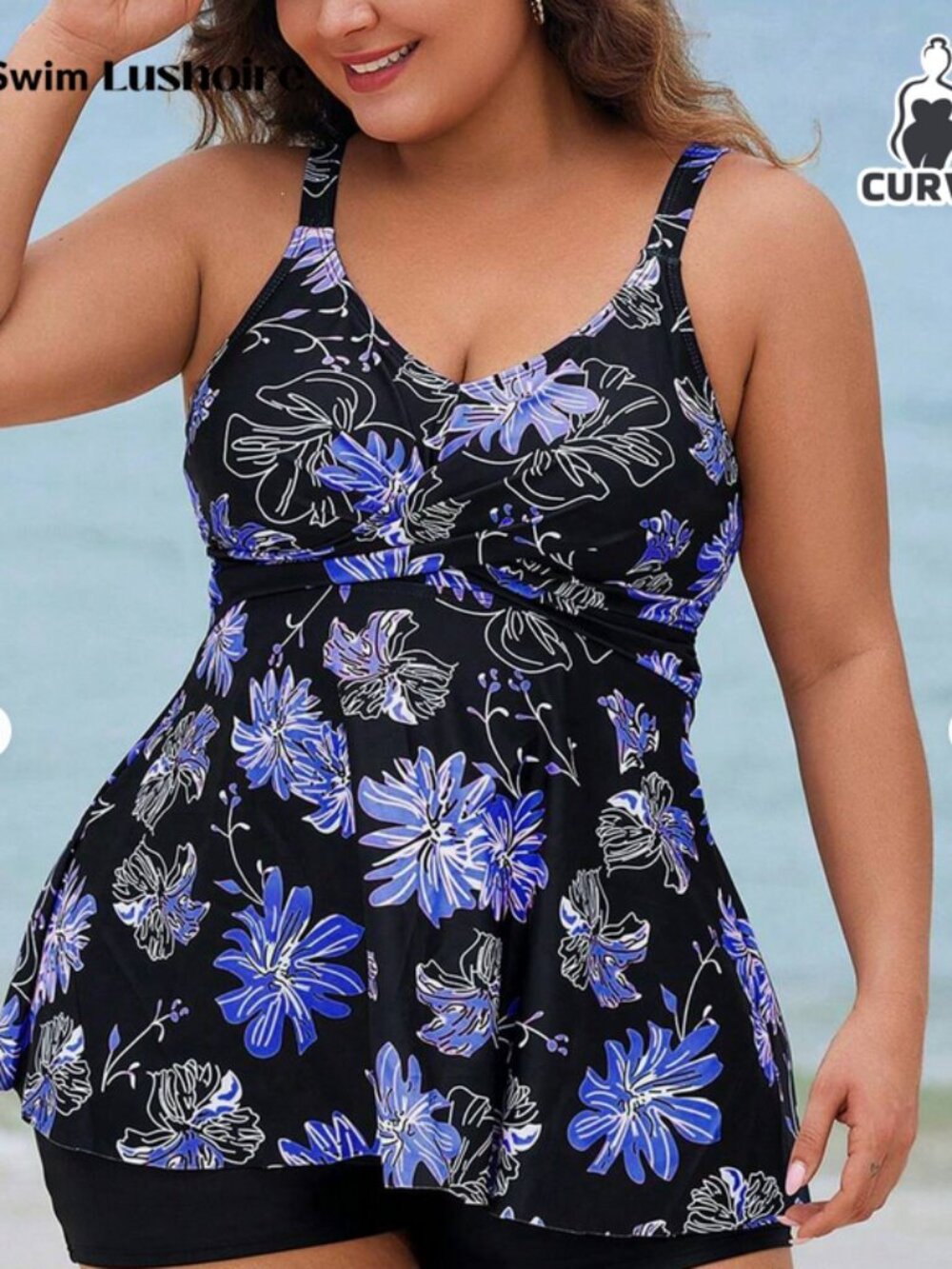 Womens Plus Swim Top Tankini Swin Dress Blue/Black 3XL